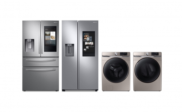 삼성전자 프렌치도어 냉장고(RF28R7551SR), 양문형 냉장고 (RS27T5561SR), 세탁기(WF45R6100AC), 건조기(DVE45R6100C)(사진 왼쪽부터)